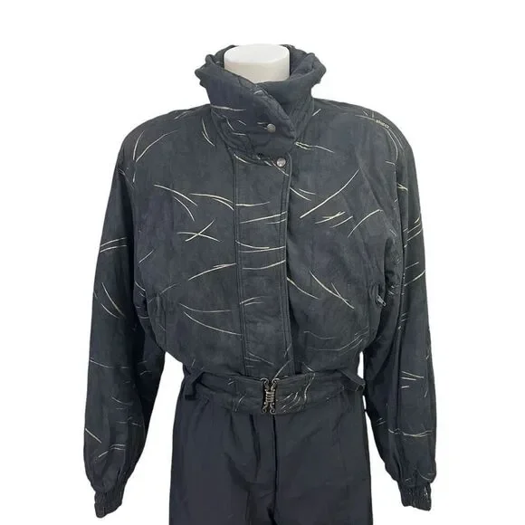 Skea Paris/Vail Vintage Womens Ski‎ Snowboard Suit, Black/Gold Belted Sz 8 - Picture 2 of 12